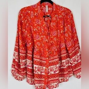 Bohemian Outsider Coral Red Floral Border Print Blouse